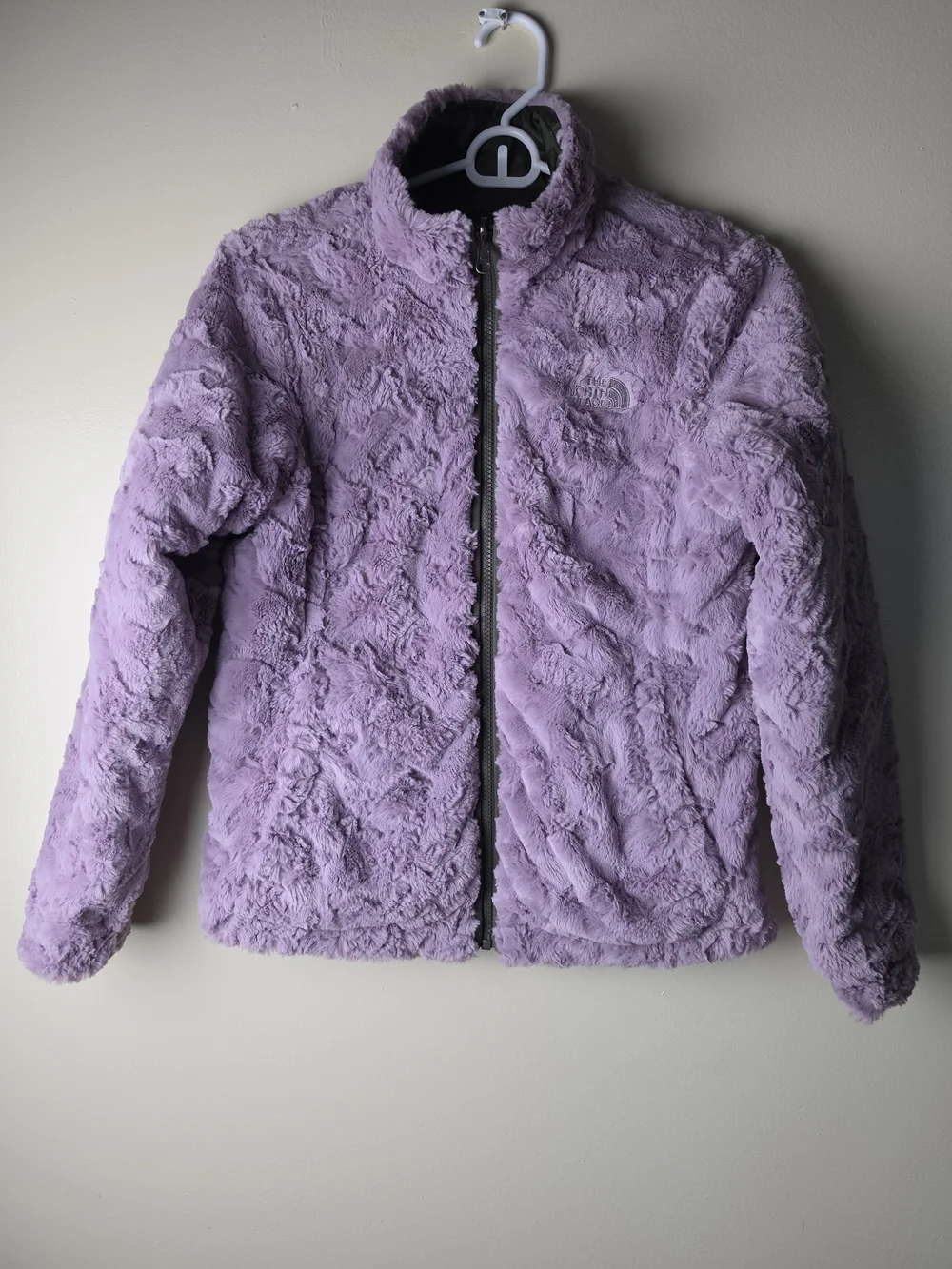 The North Face Girls Olive Green Quilted Jacket Reversible Teddy Lavender Size L